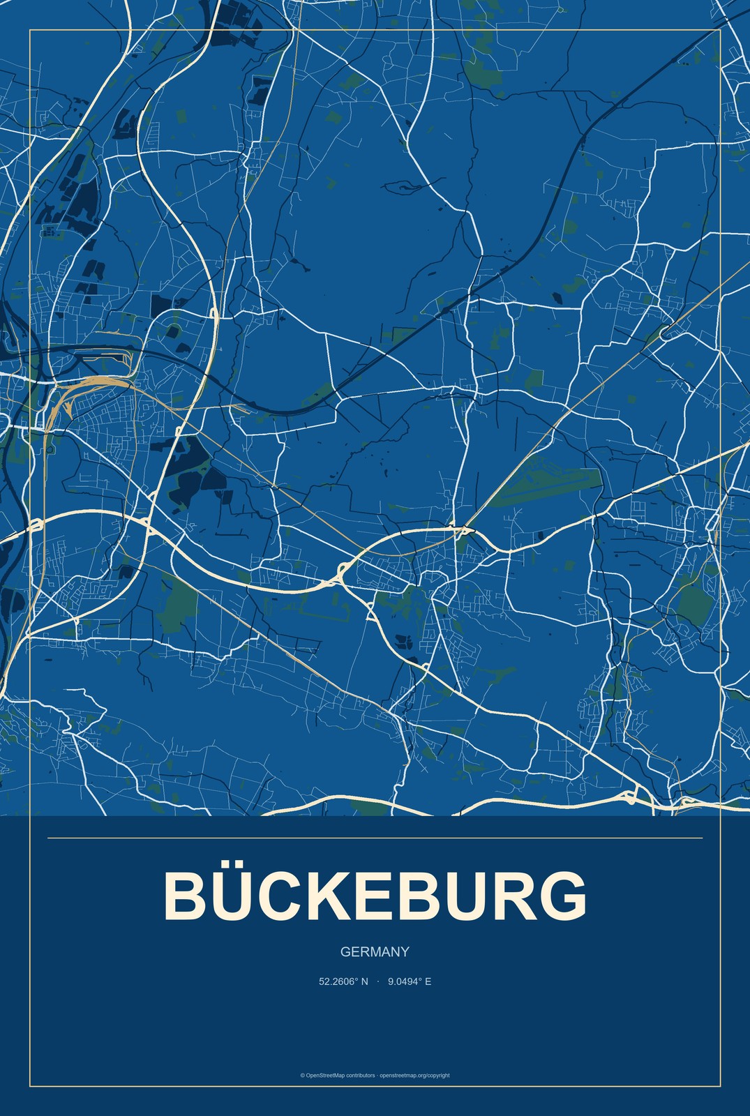 Bückeburg, Germany City Map Aluminum Sign in Harbor Cobalt style