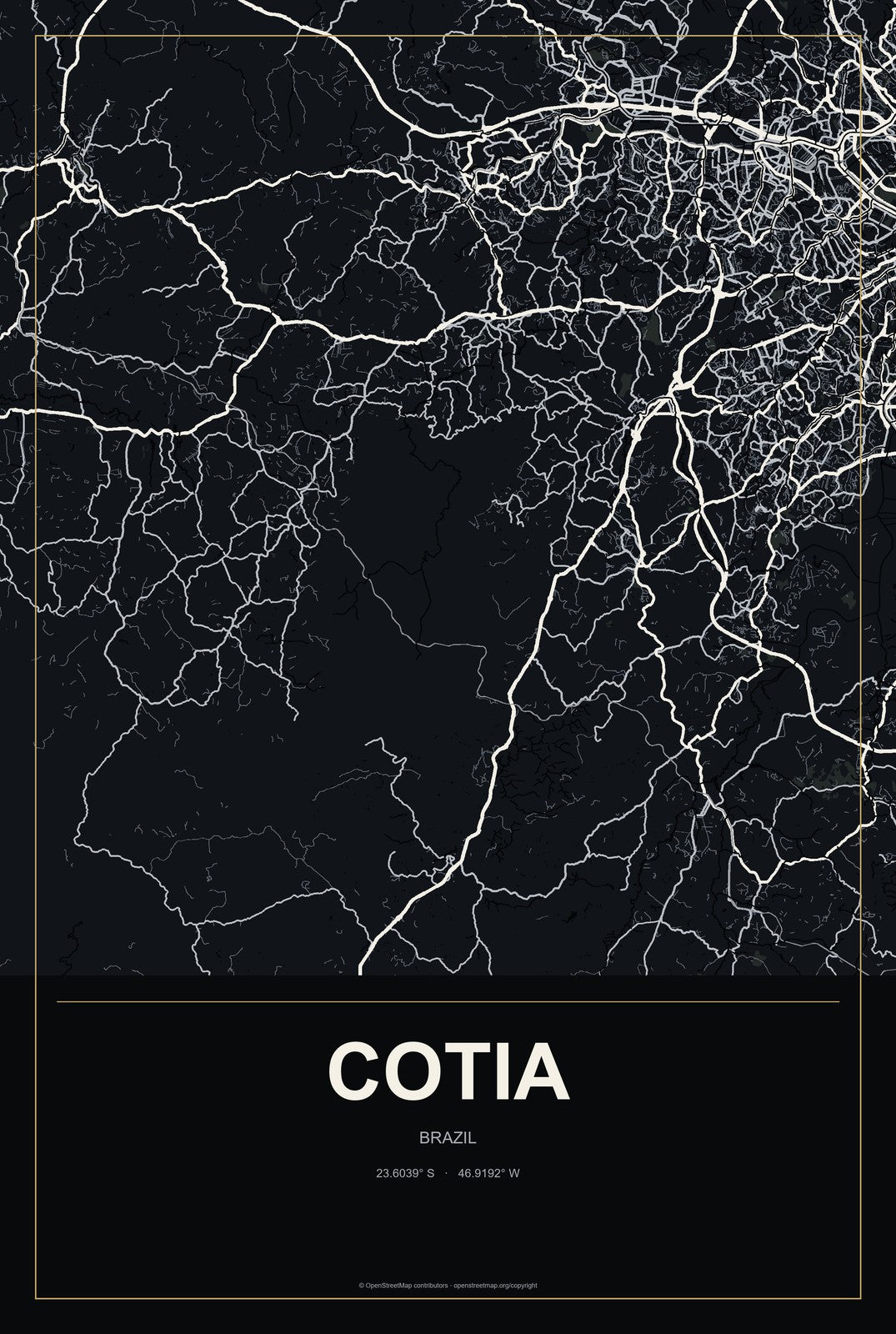 Cotia, Brazil City Map Aluminum Sign in Metropolitan Noir style