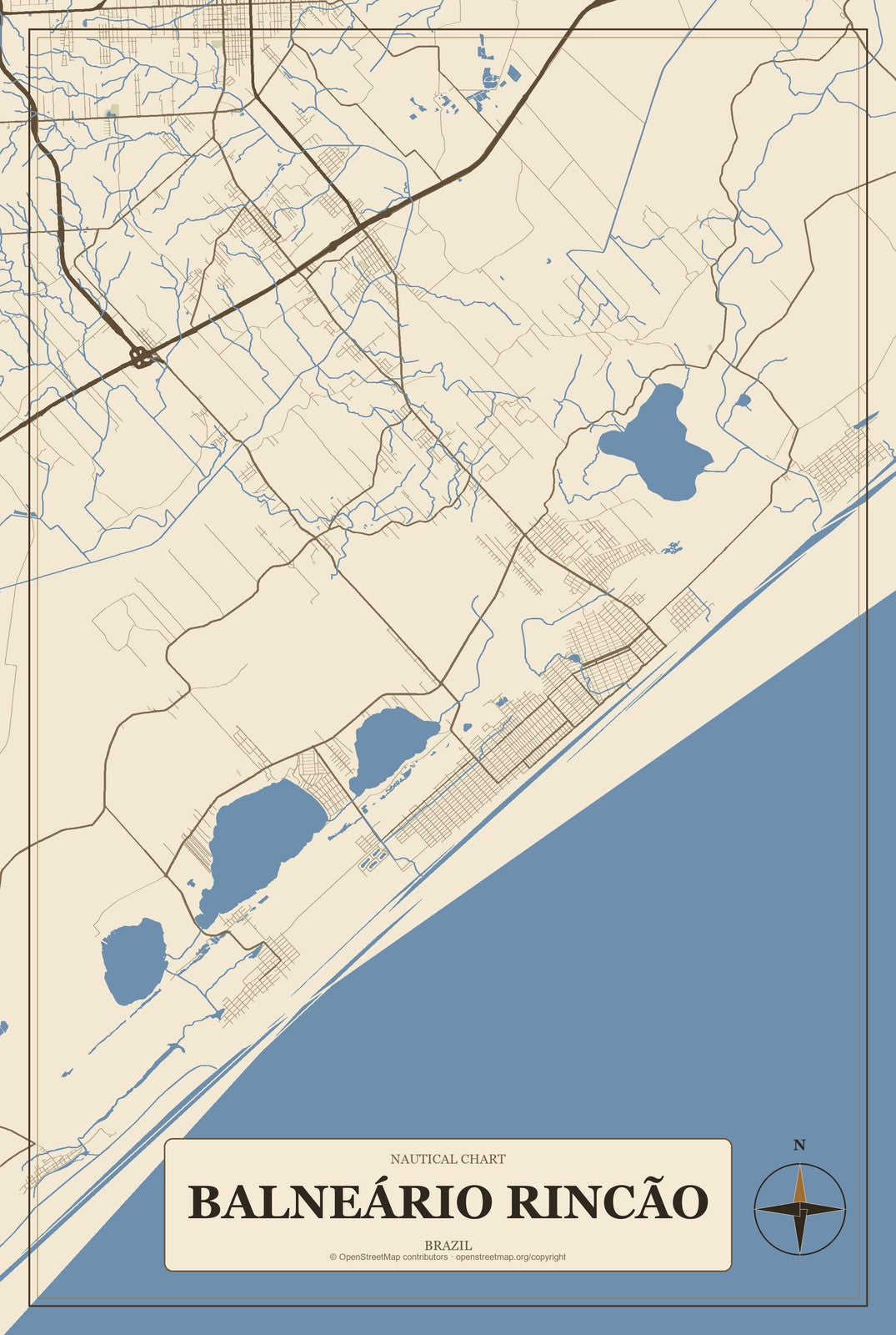Balneário Rincão, Brazil City Map Aluminum Sign in Heritage Nautical style
