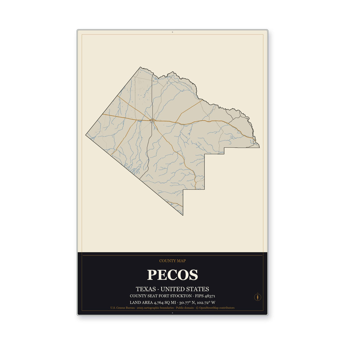 Pecos County, Texas Map Aluminum Sign in Museum Plaque style