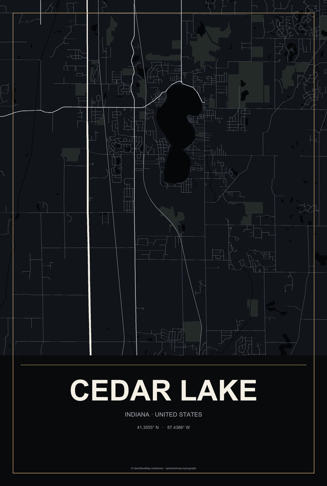 Cedar Lake, Indiana City Map Aluminum Sign in Metropolitan Noir style