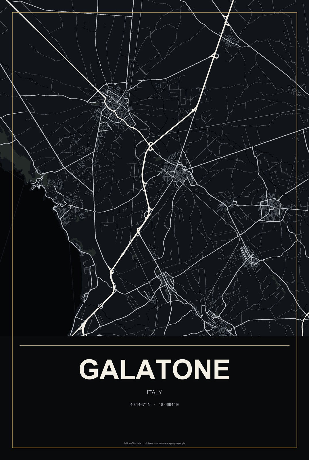 Galatone, Italy City Map Aluminum Sign in Metropolitan Noir style