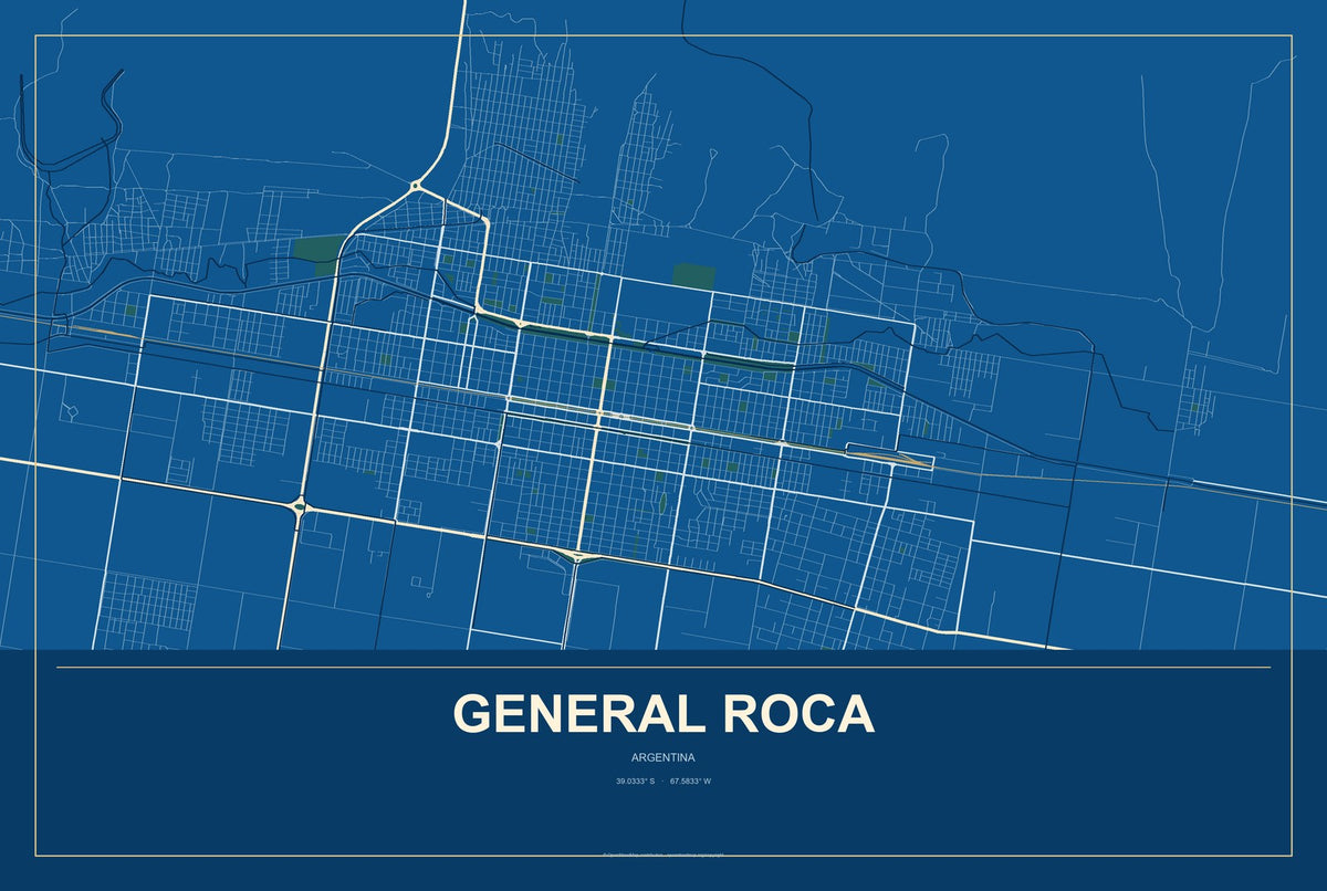 General Roca, Argentina City Map Aluminum Sign in Harbor Cobalt style
