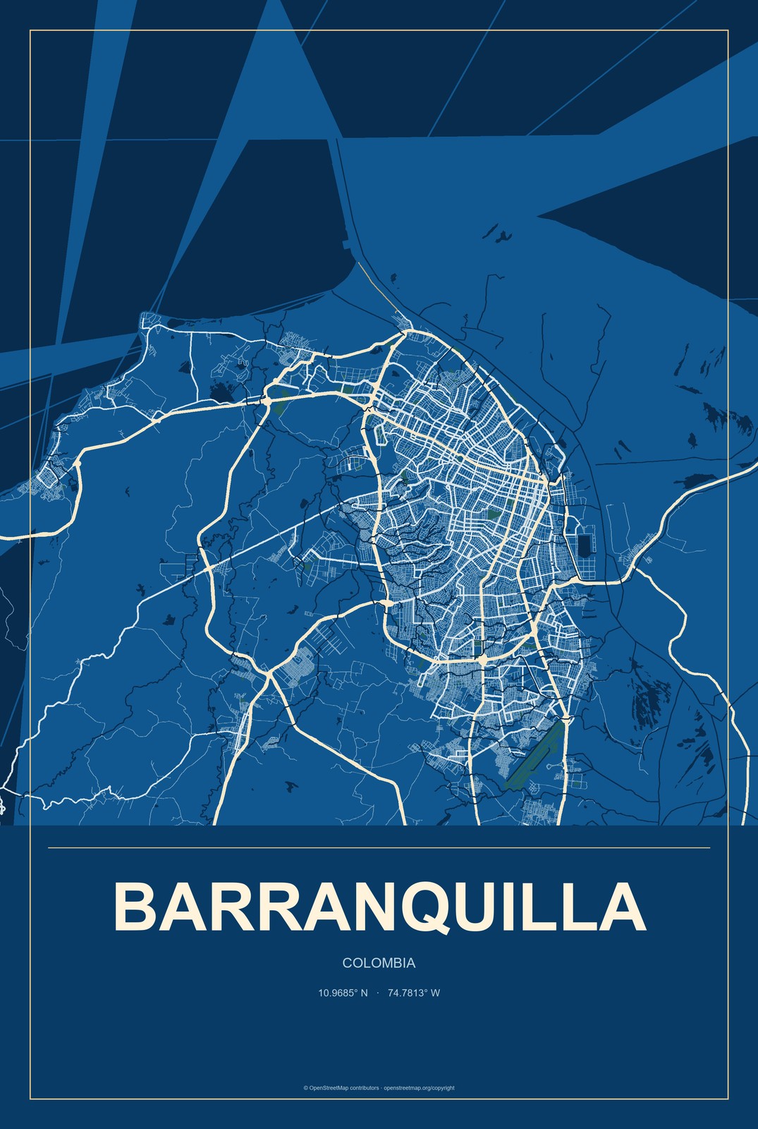 Barranquilla, Colombia City Map Aluminum Sign in Harbor Cobalt style