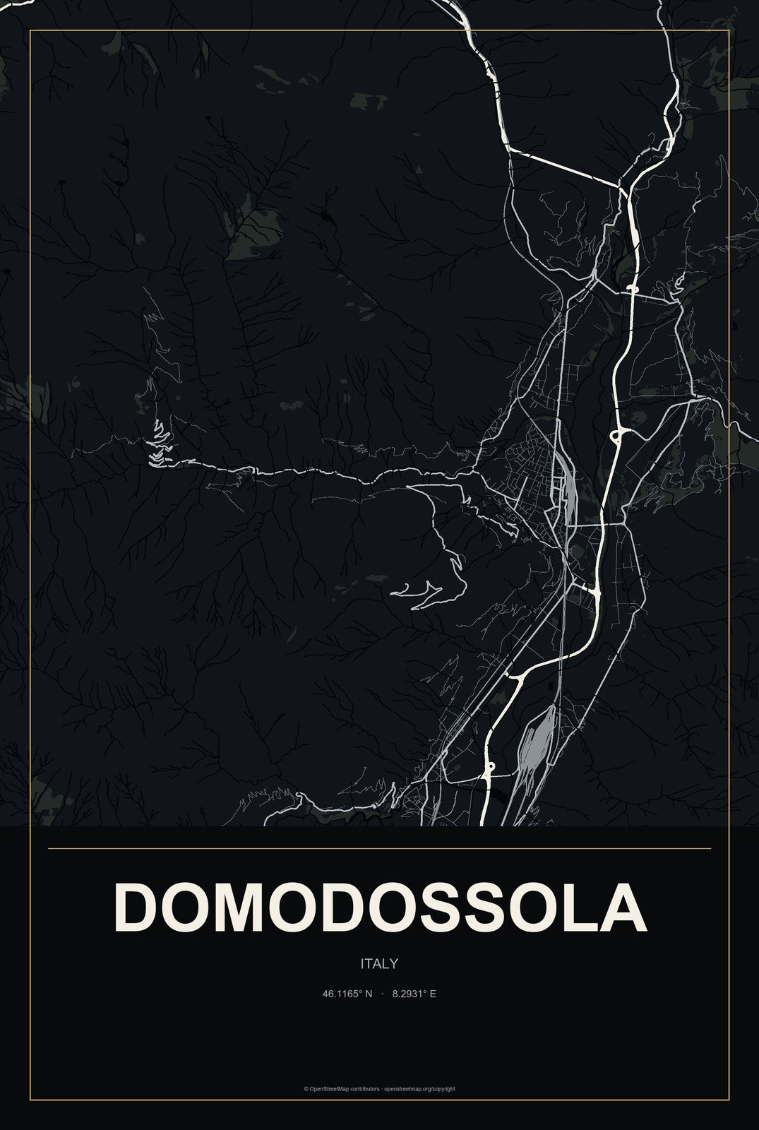 Domodossola, Italy City Map Aluminum Sign in Metropolitan Noir style
