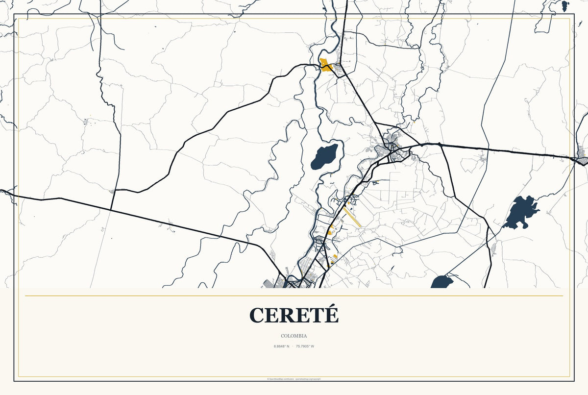 Cereté, Colombia City Map Aluminum Sign in Citrine Modern style