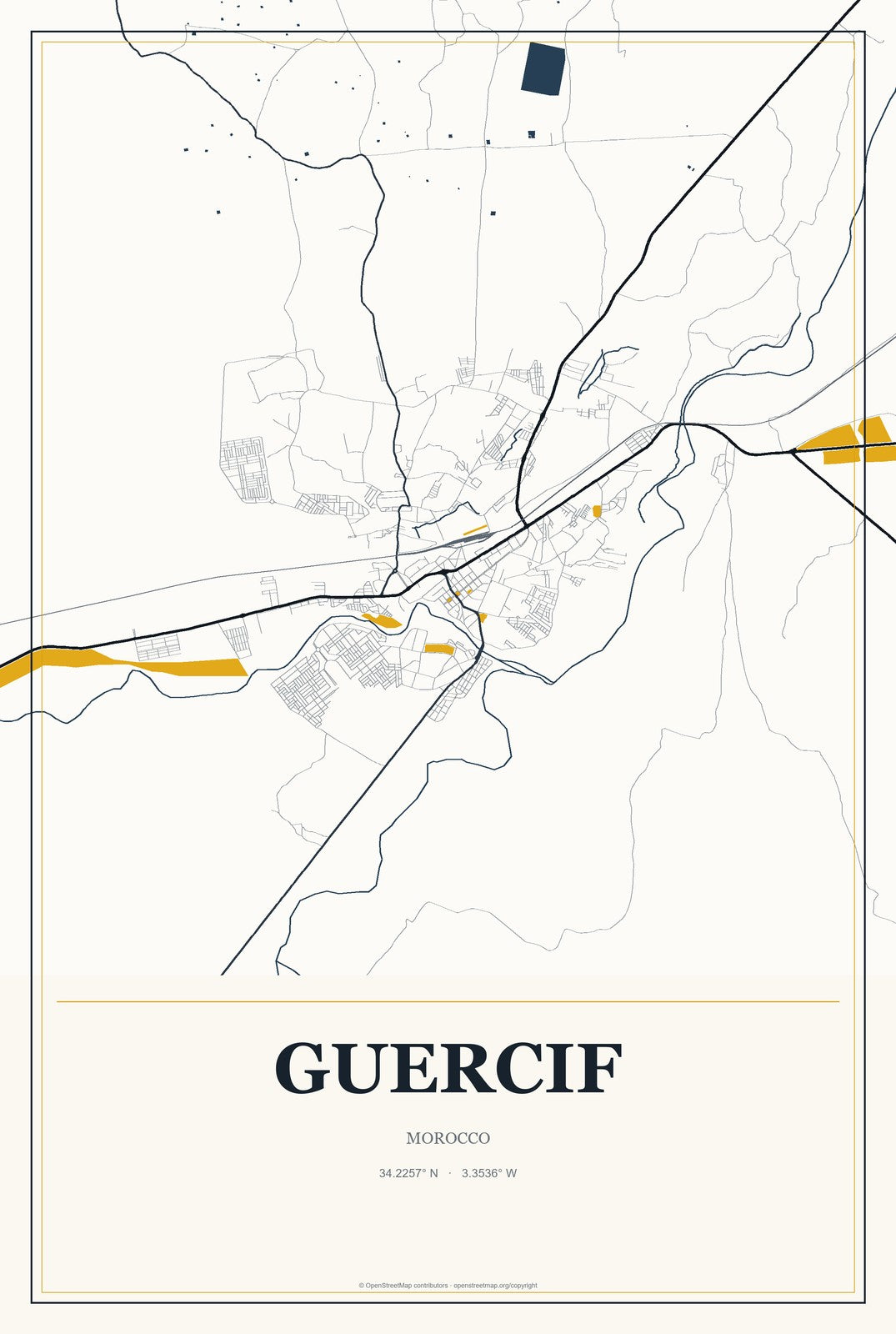 Guercif, Morocco City Map Aluminum Sign in Citrine Modern style