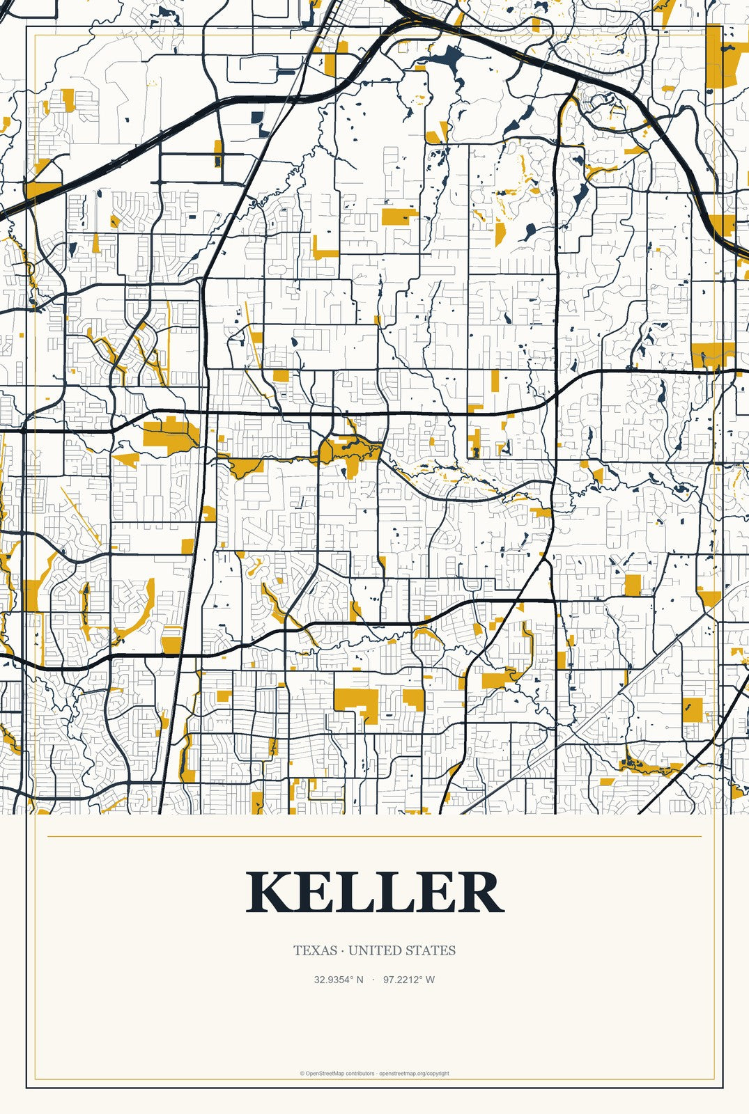 Keller, Texas City Map Aluminum Sign in Citrine Modern style