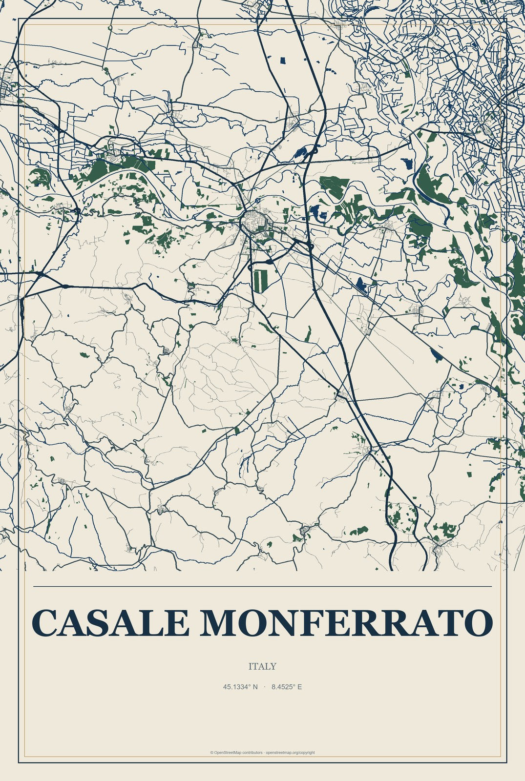 Casale Monferrato, Italy City Map Aluminum Sign in Coastal Cutout style