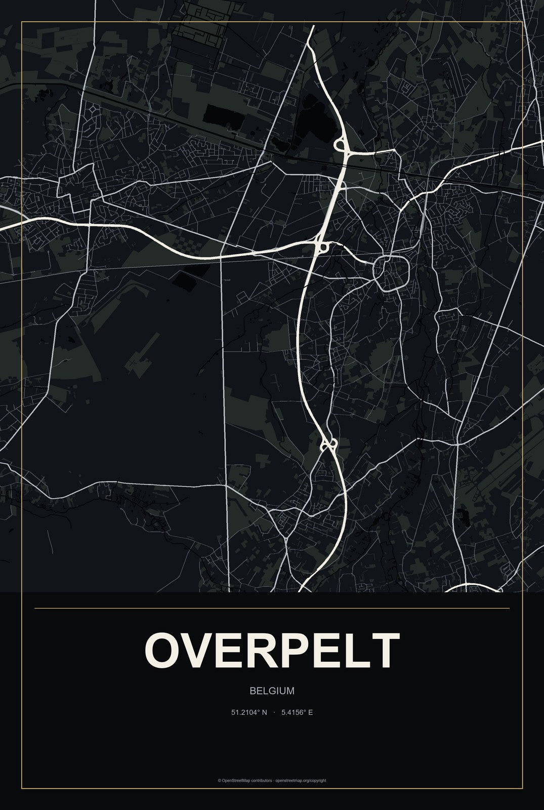 Overpelt, Belgium City Map Aluminum Sign in Metropolitan Noir style