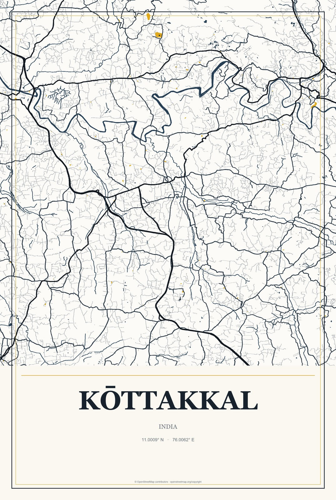 Kōttakkal, India City Map Aluminum Sign in Citrine Modern style