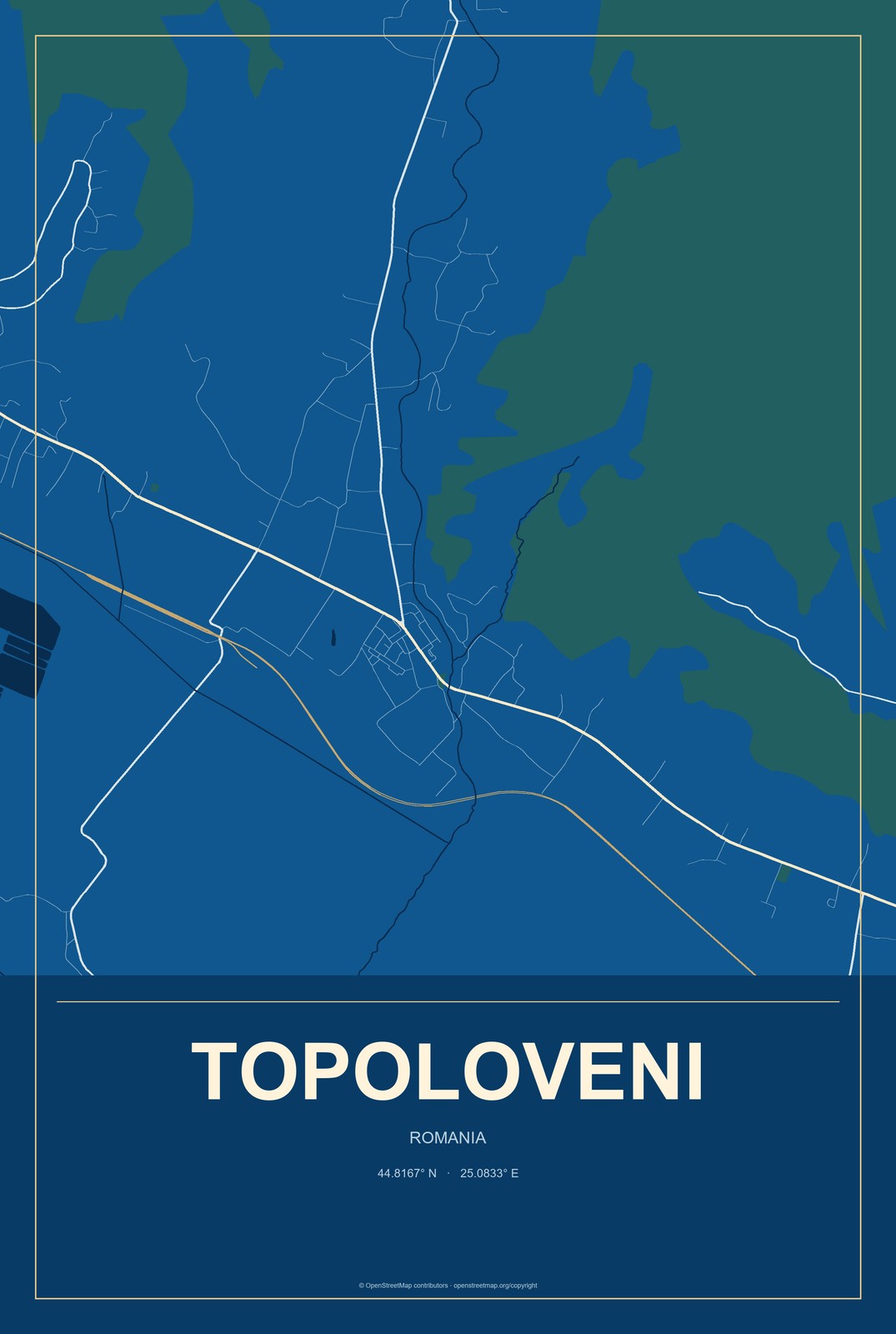 Topoloveni, Romania City Map Aluminum Sign in Harbor Cobalt style