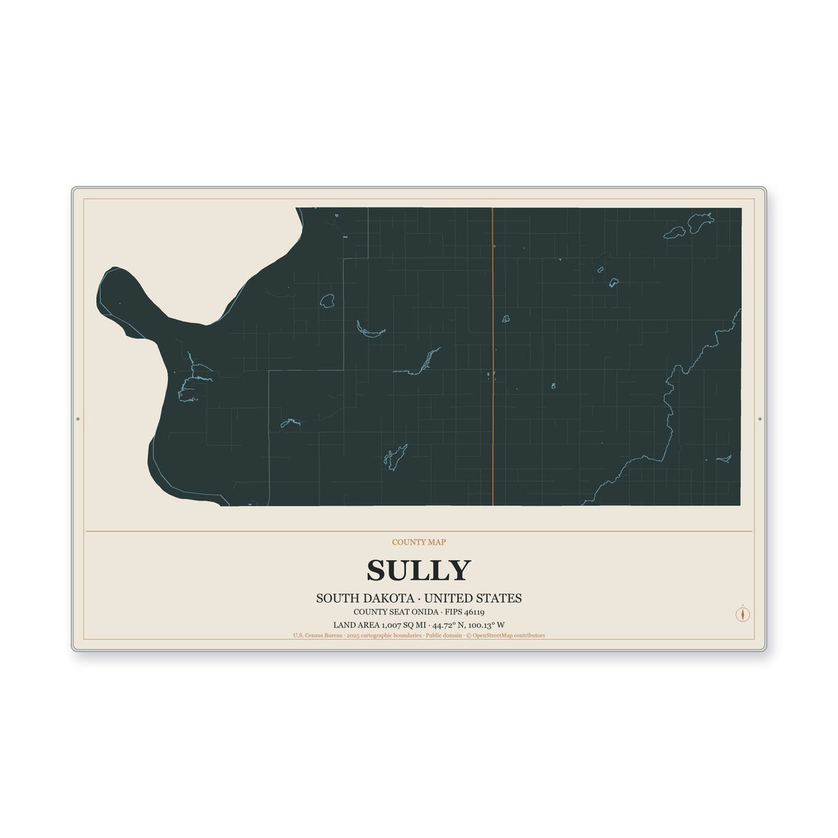 Sully County, South Dakota Map Aluminum Sign in Headline Atlas style