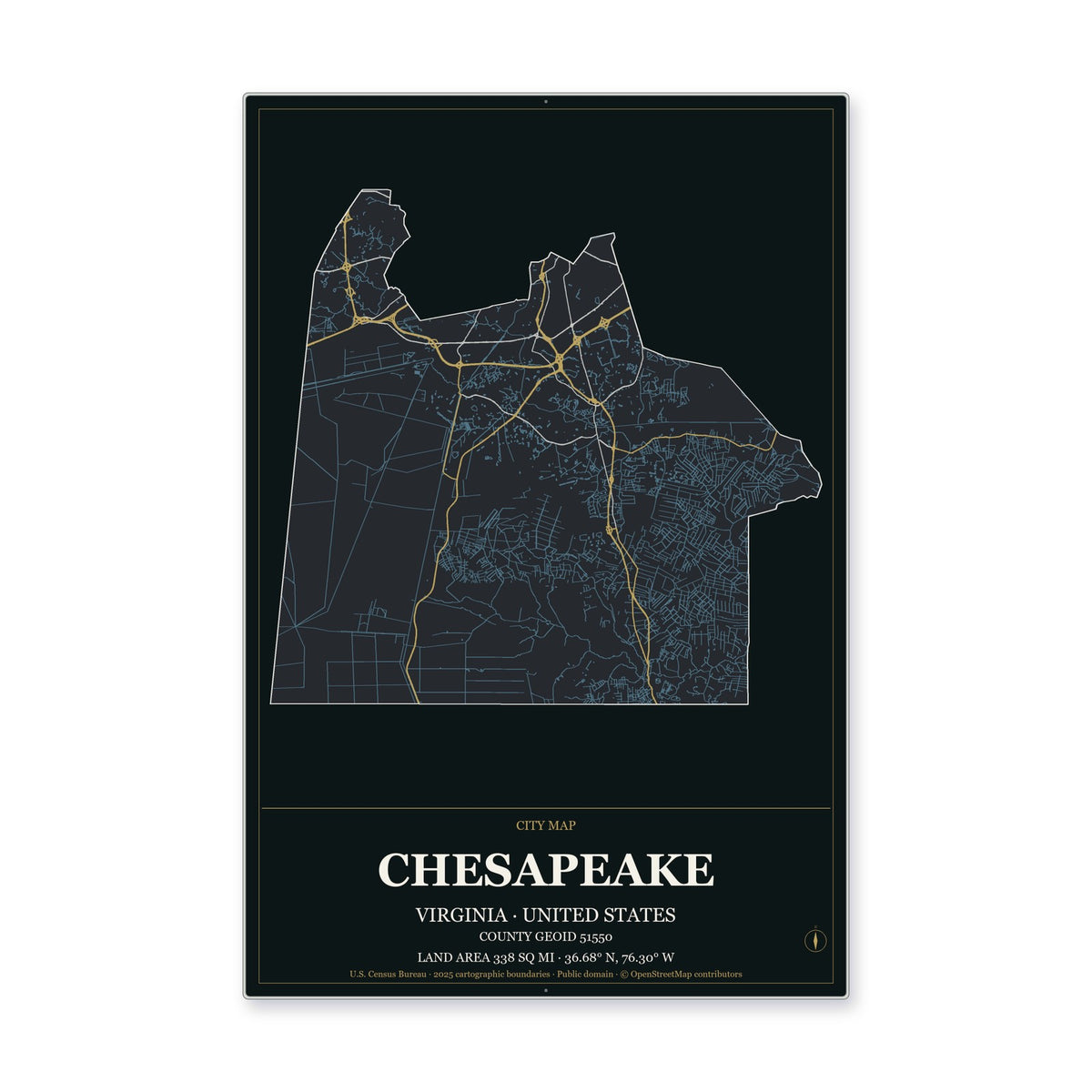 Chesapeake city, Virginia Map Aluminum Sign in Metropolitan Noir style