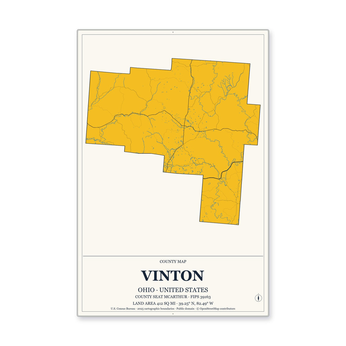 Vinton County, Ohio Map Aluminum Sign in Citrine Modern style