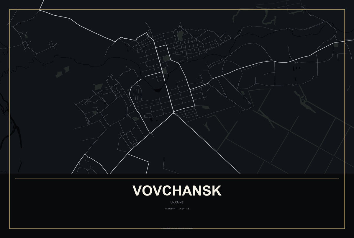 Vovchansk, Ukraine City Map Aluminum Sign in Metropolitan Noir style