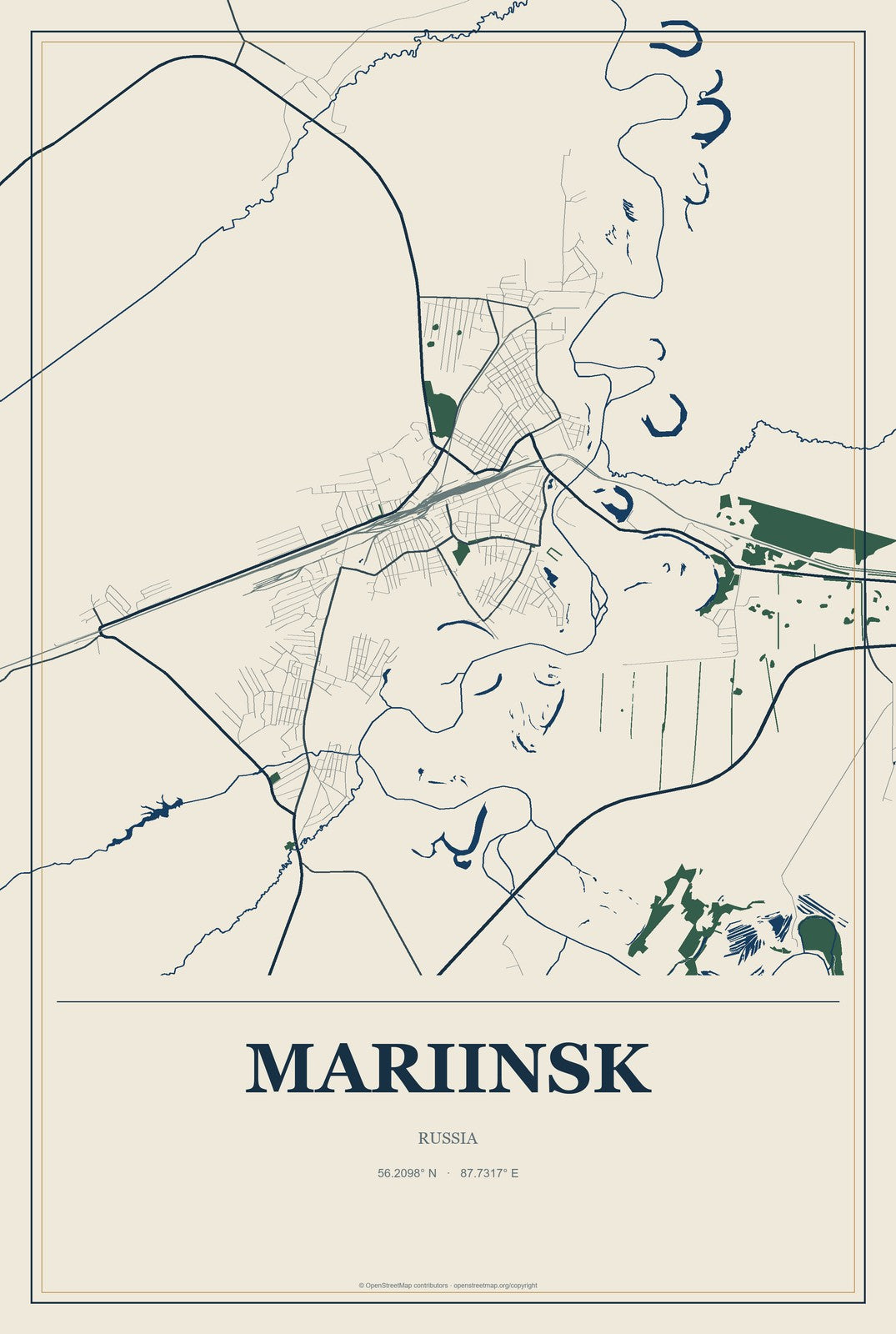 Mariinsk, Russia City Map Aluminum Sign in Coastal Cutout style