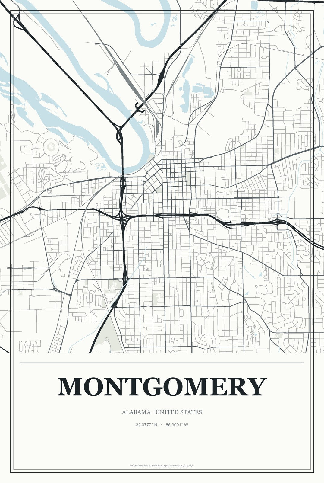 Montgomery, Alabama City Map Aluminum Sign in Gallery Air style