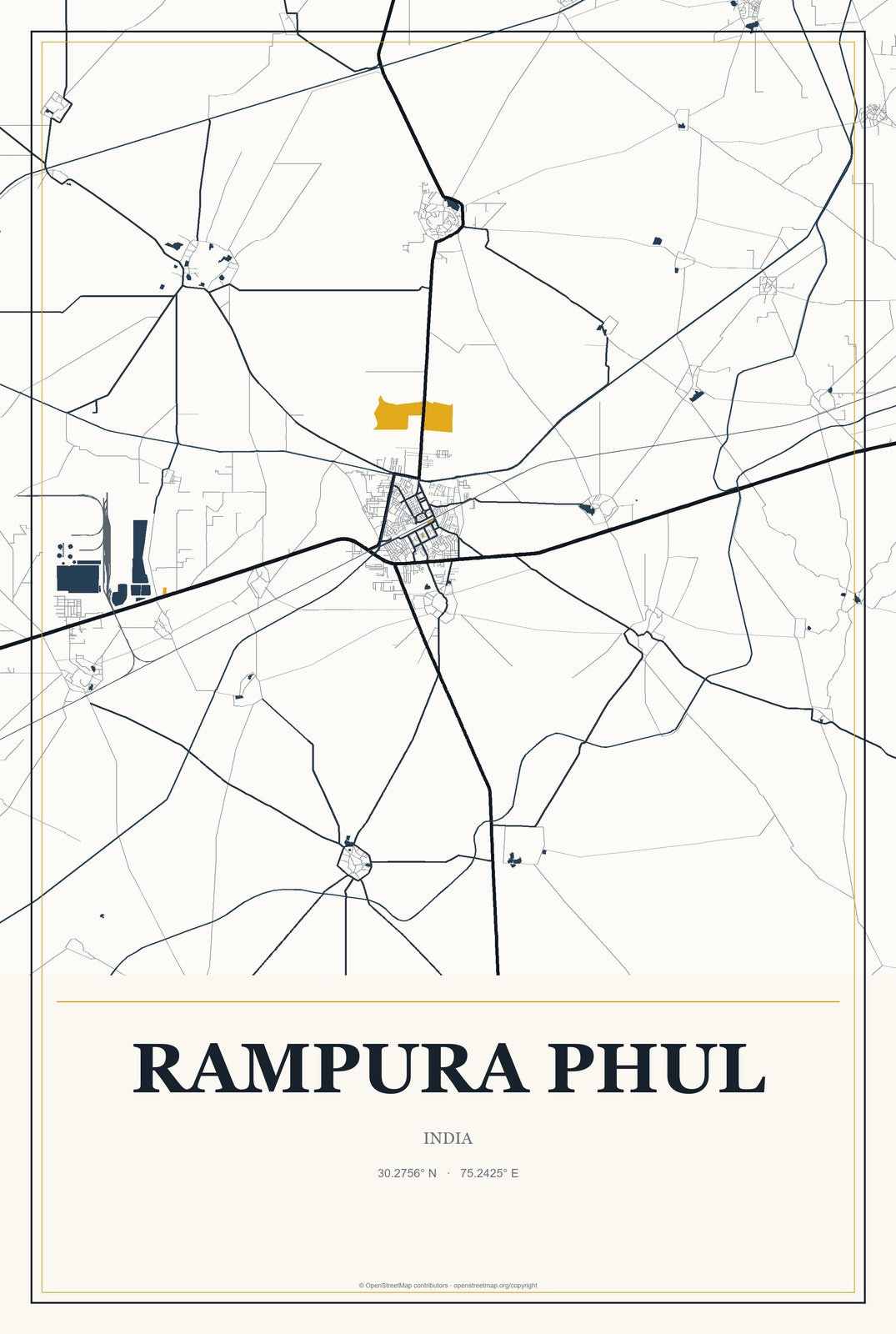 Rampura Phul, India City Map Aluminum Sign in Citrine Modern style