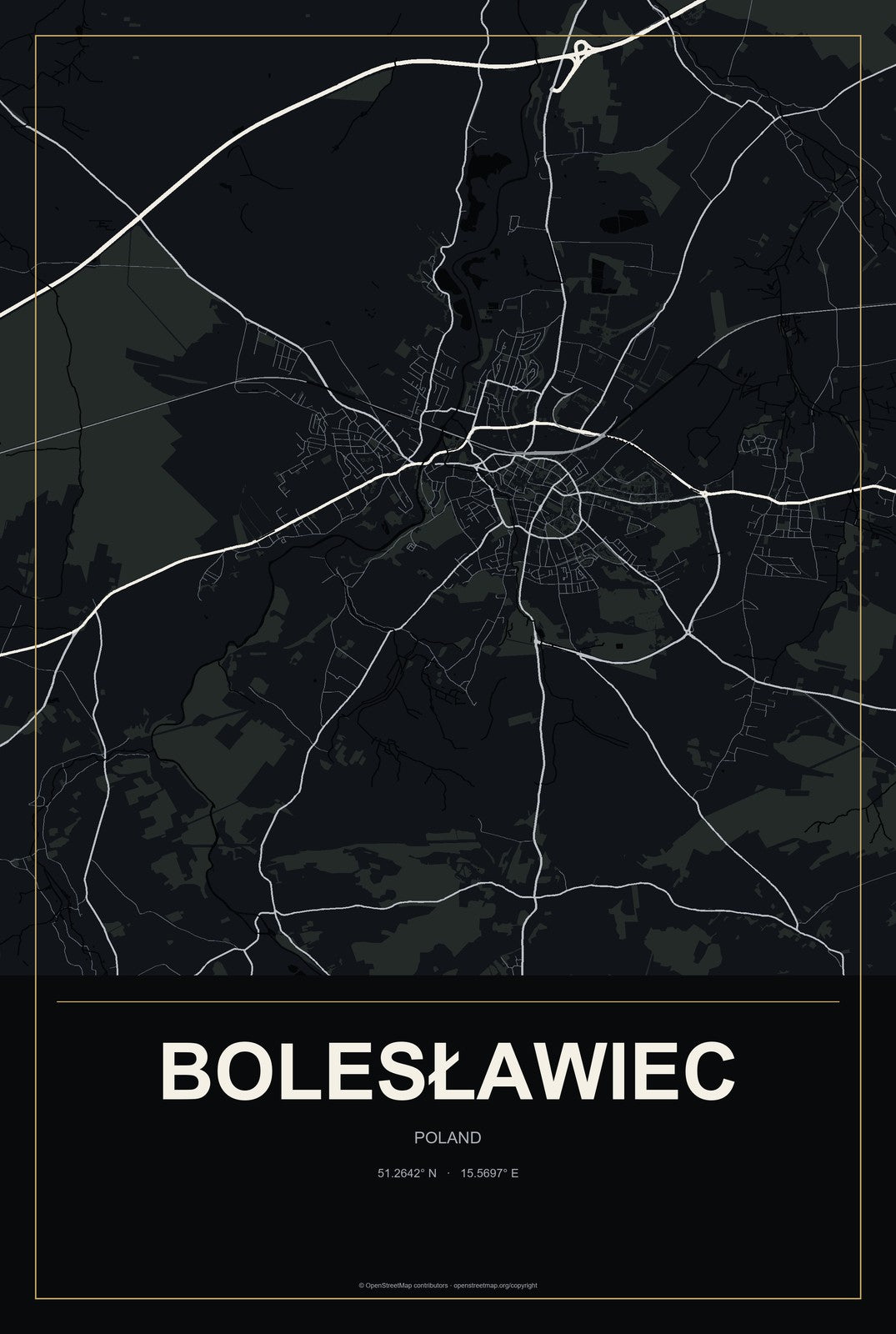 Bolesławiec, Poland City Map Aluminum Sign in Metropolitan Noir style