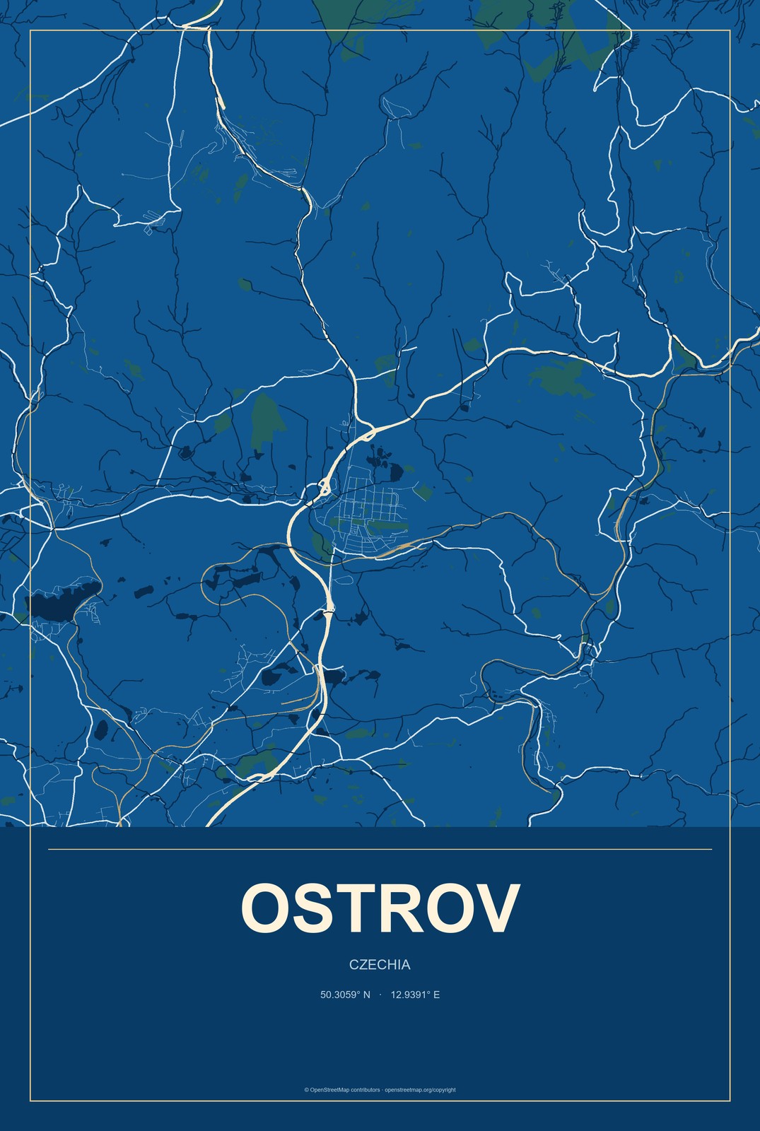 Ostrov, Czechia City Map Aluminum Sign in Harbor Cobalt style