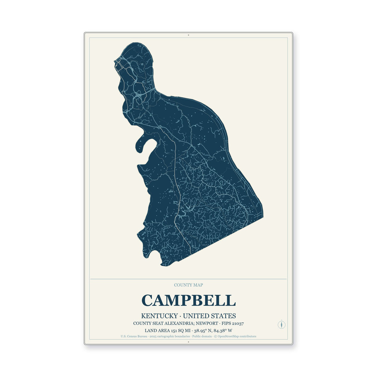 Campbell County, Kentucky Map Aluminum Sign in Coastal Cutout style
