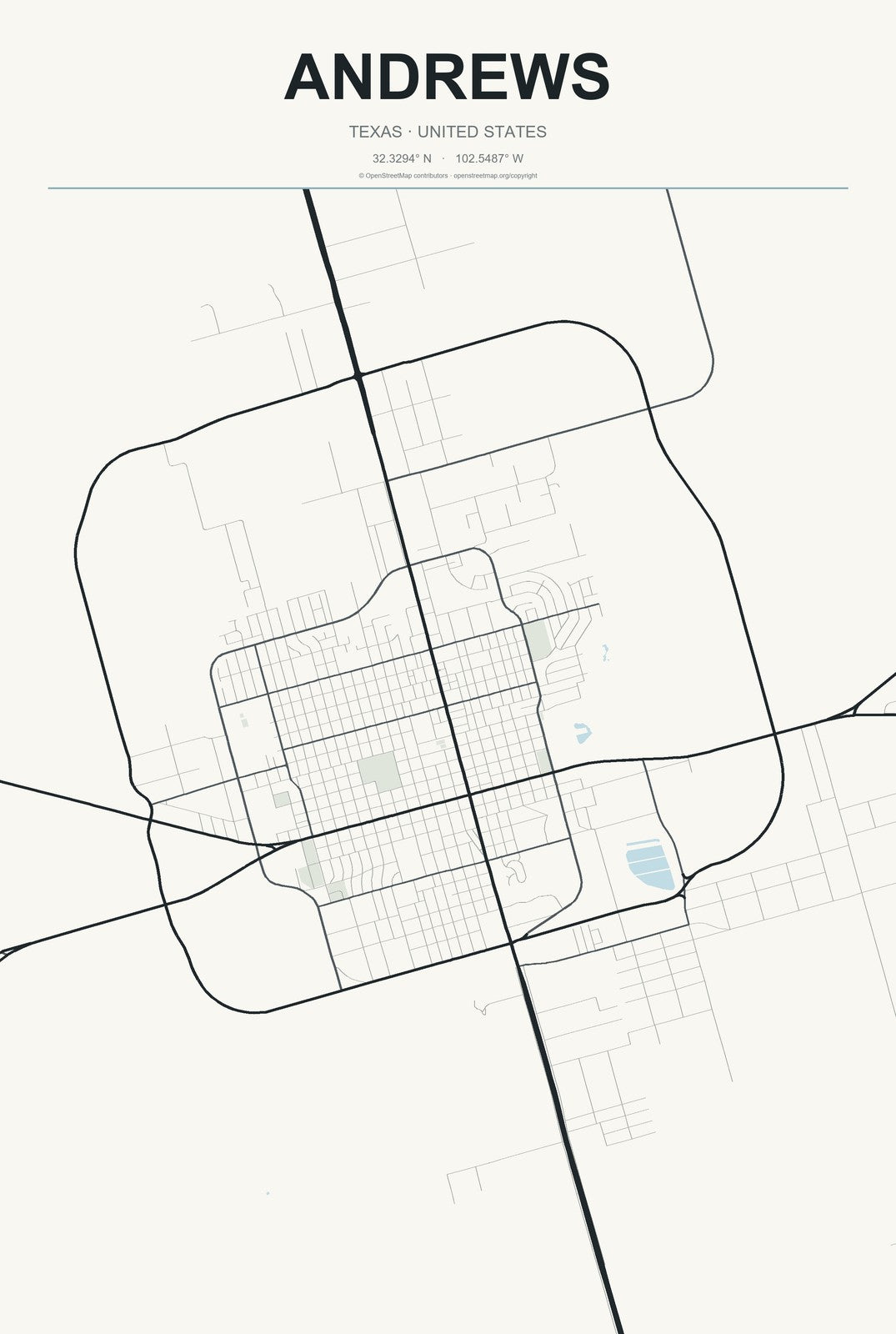 Andrews, Texas City Map Aluminum Sign in Headline Atlas style
