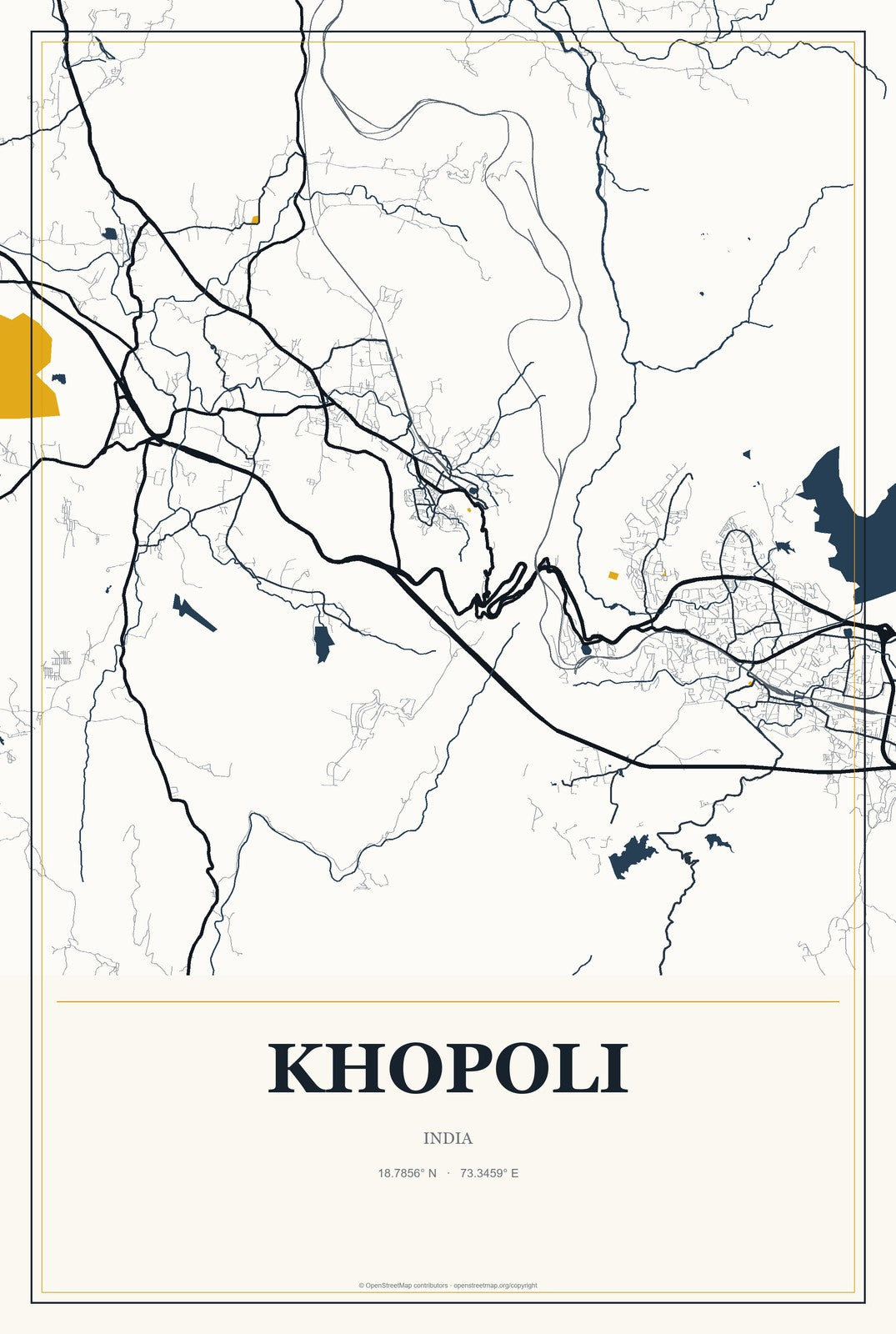 Khopoli, India City Map Aluminum Sign in Citrine Modern style