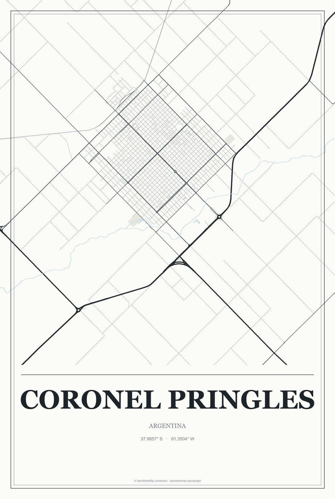 Coronel Pringles, Argentina City Map Aluminum Sign in Gallery Air style
