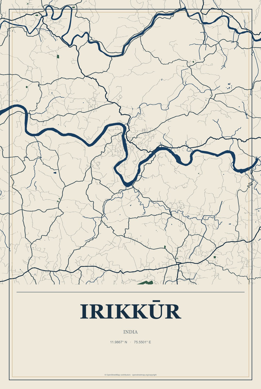 Irikkūr, India City Map Aluminum Sign in Coastal Cutout style