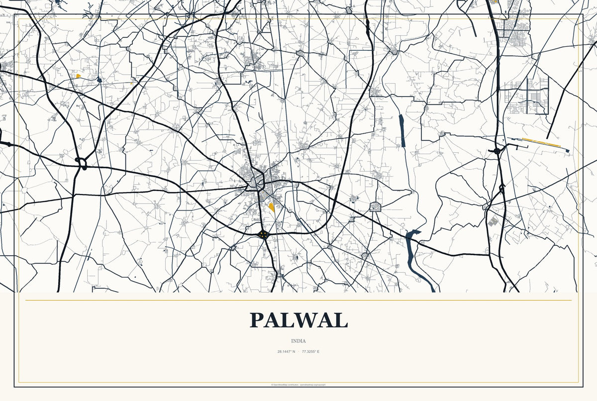 Palwal, India City Map Aluminum Sign in Citrine Modern style