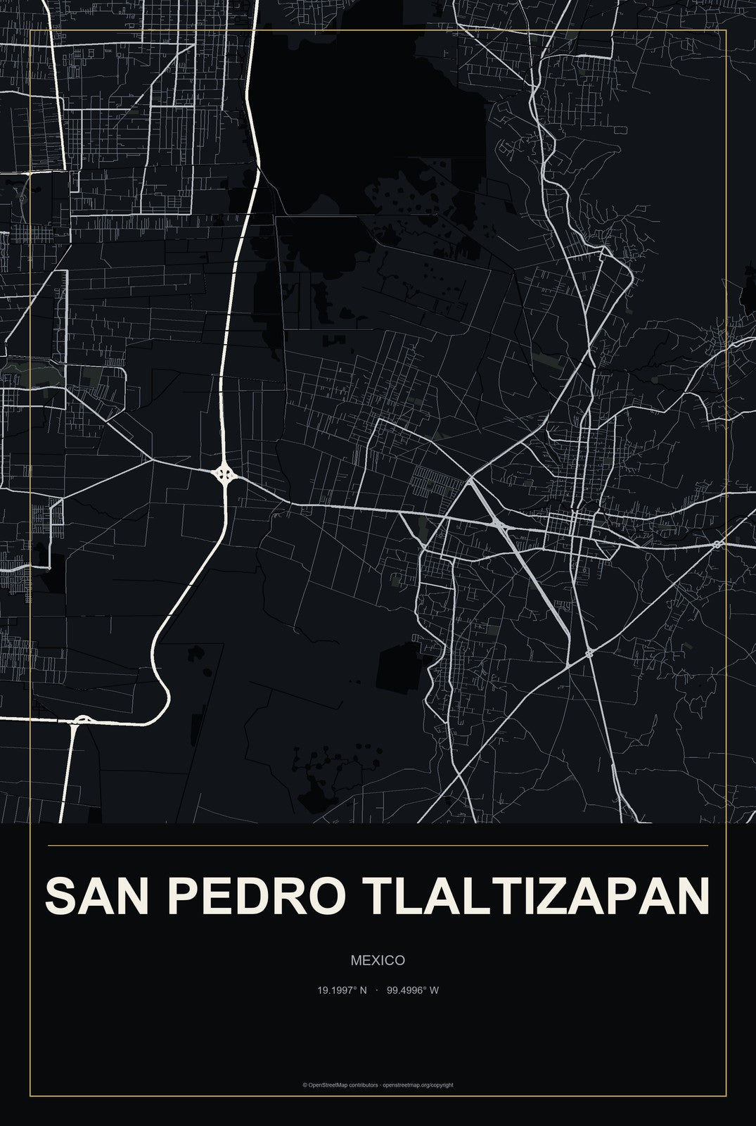 San Pedro Tlaltizapan, Mexico City Map Aluminum Sign in Metropolitan Noir style