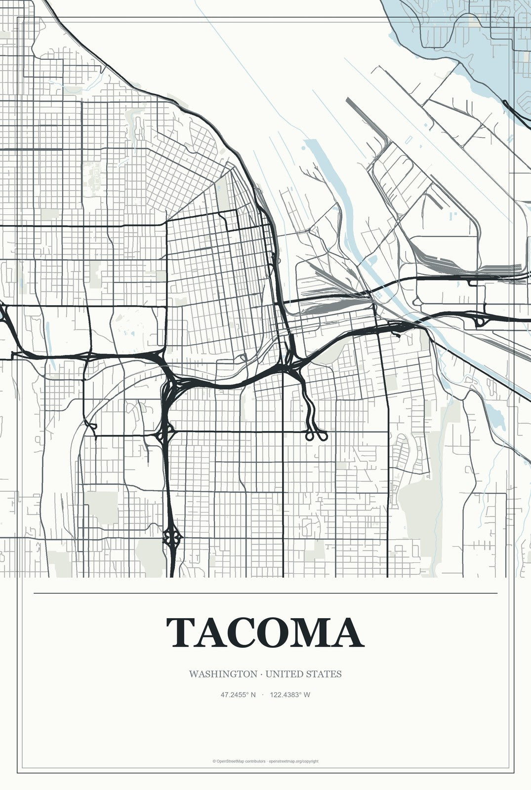 Tacoma, Washington City Map Aluminum Sign in Gallery Air style