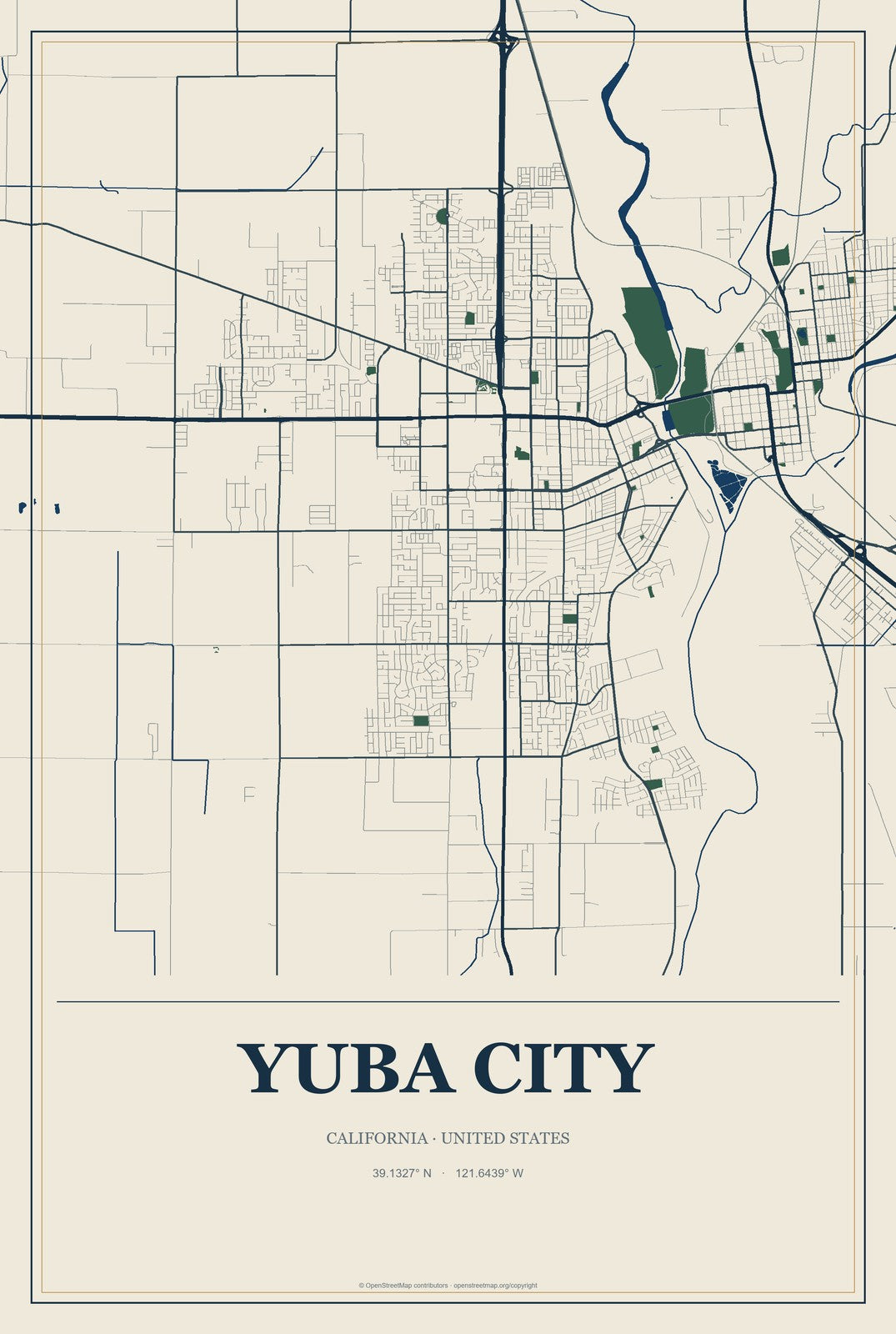 Yuba City, California City Map Aluminum Sign in Coastal Cutout style