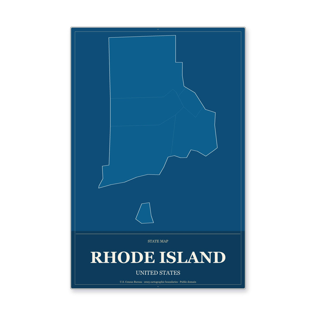 Rhode Island state map aluminum sign in Harbor Cobalt style