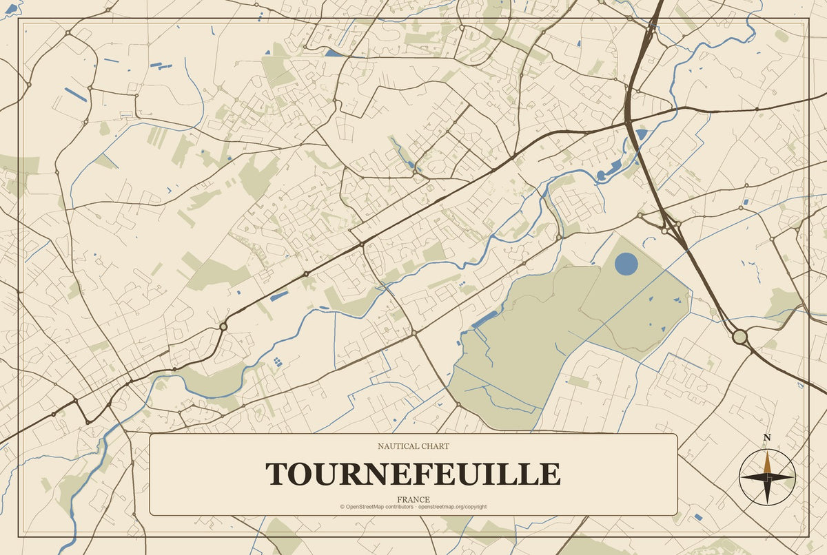 Tournefeuille, France City Map Aluminum Sign in Heritage Nautical style