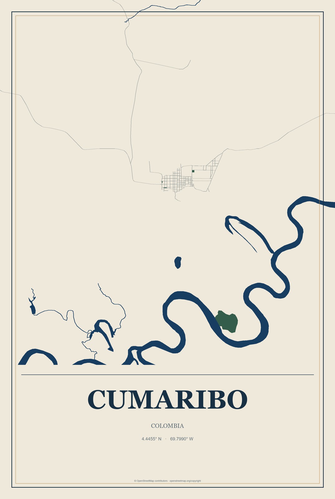 Cumaribo, Colombia City Map Aluminum Sign in Coastal Cutout style