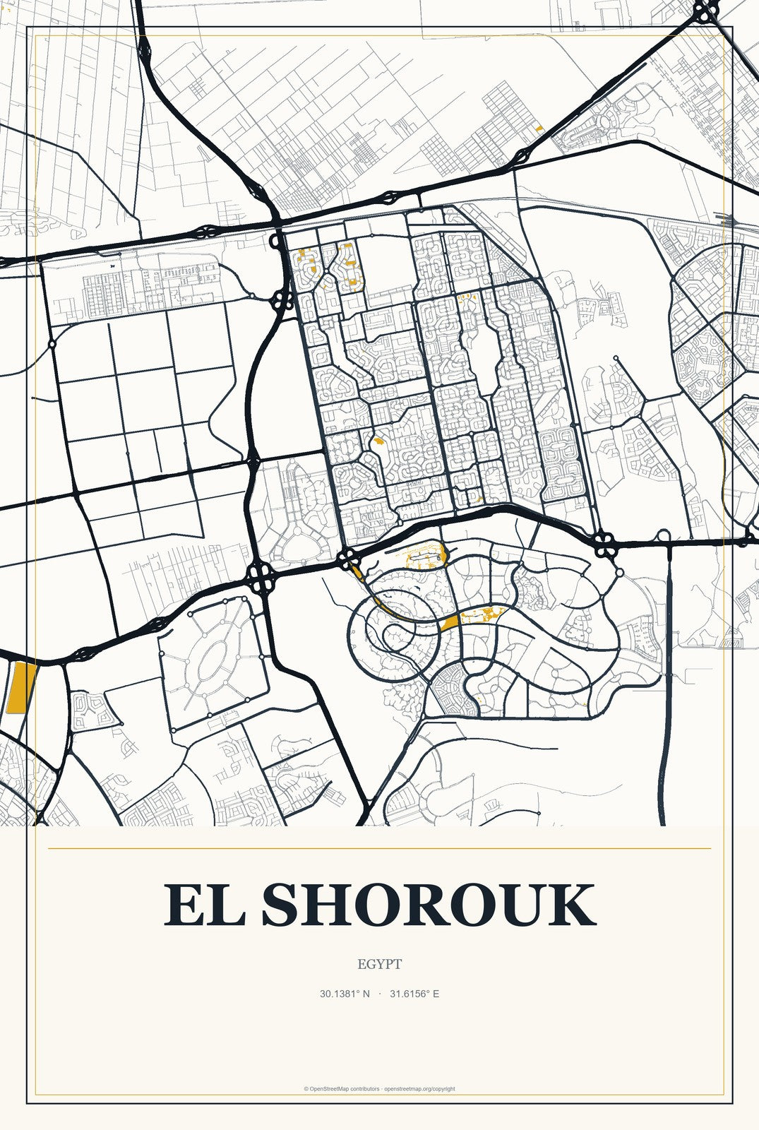El Shorouk, Egypt City Map Aluminum Sign in Citrine Modern style