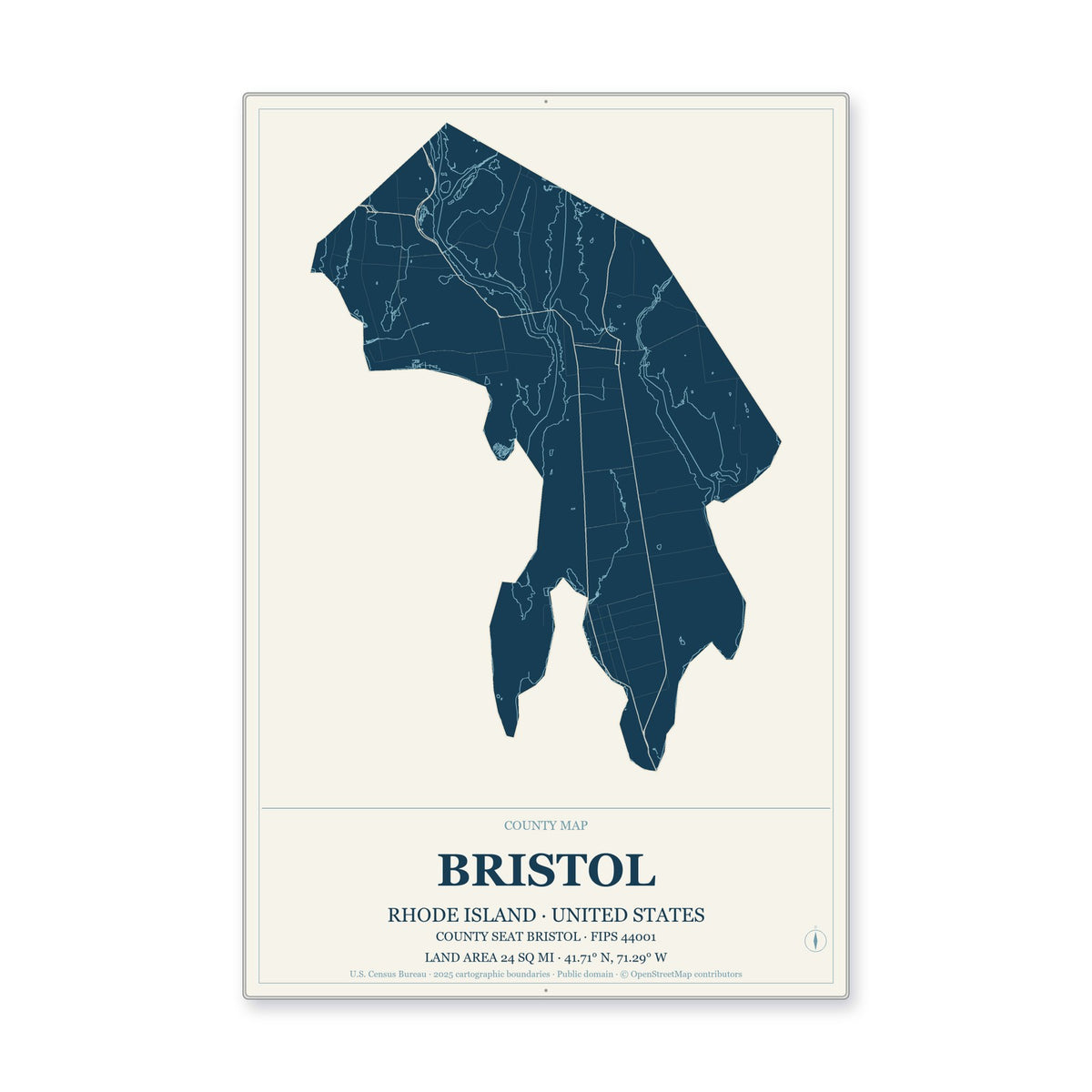 Bristol County, Rhode Island Map Aluminum Sign in Coastal Cutout style