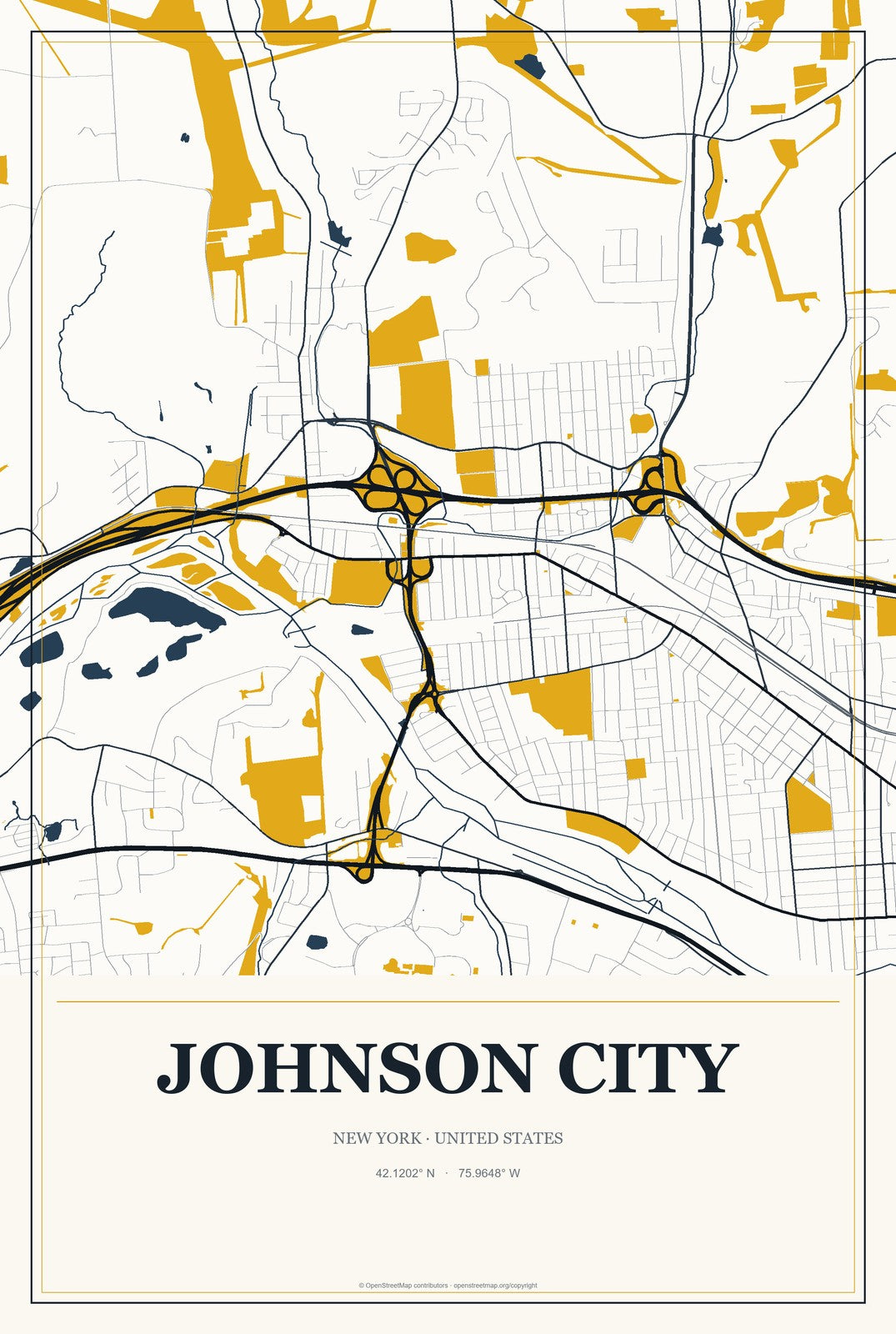 Johnson City, New York City Map Aluminum Sign in Citrine Modern style
