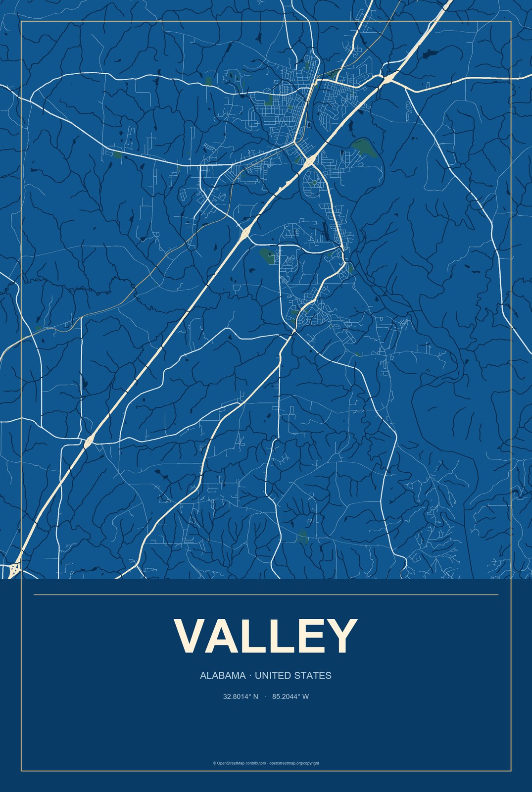 Valley, Alabama City Map Aluminum Sign in Harbor Cobalt style