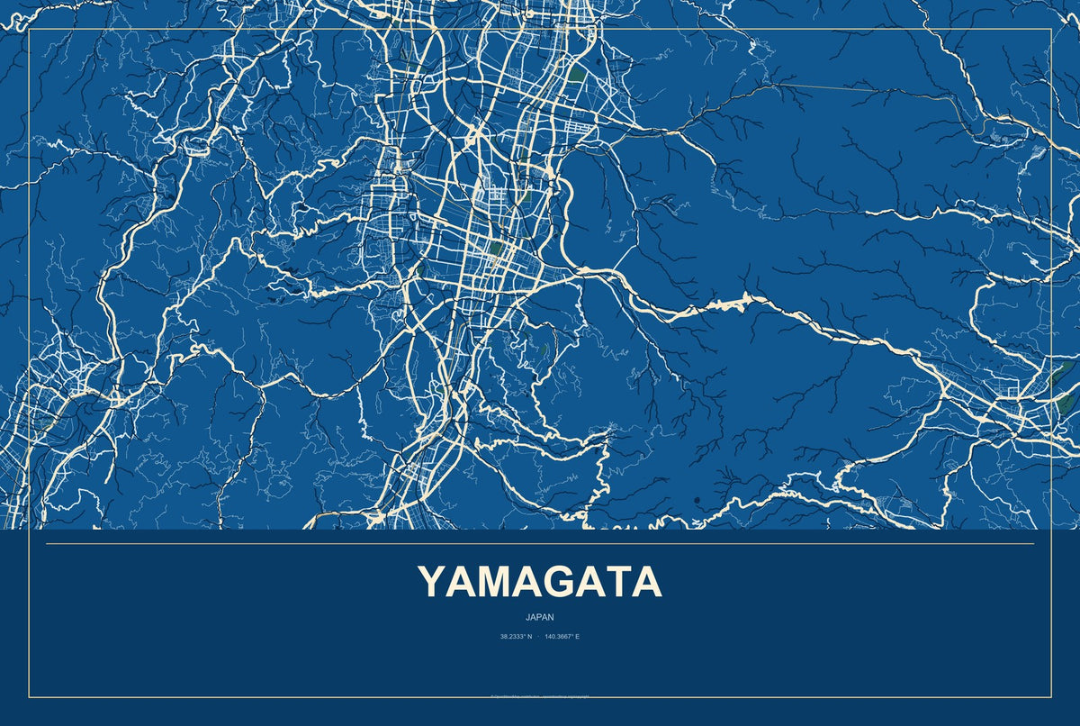 Yamagata, Yamagata, Japan City Map Aluminum Sign in Harbor Cobalt style