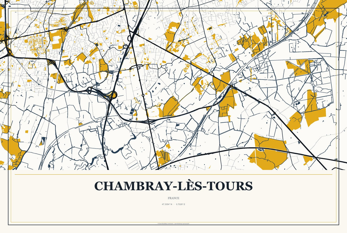Chambray-lès-Tours, France City Map Aluminum Sign in Citrine Modern style