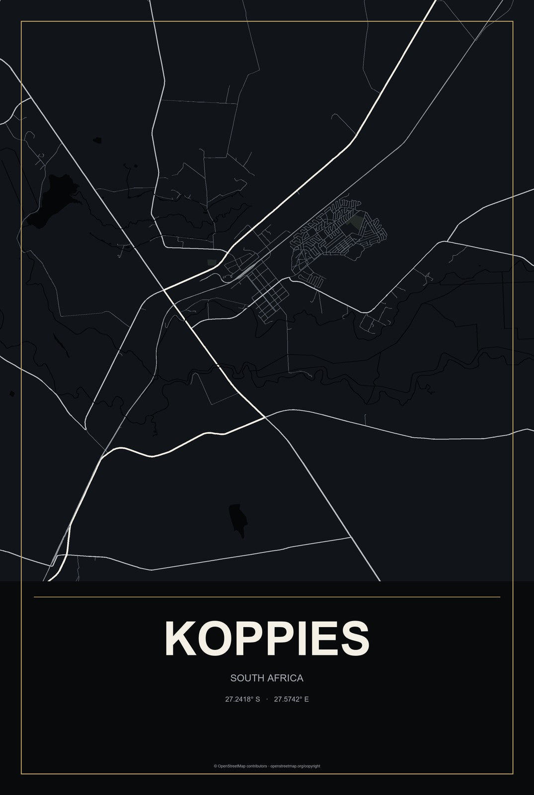 Koppies, South Africa City Map Aluminum Sign in Metropolitan Noir style