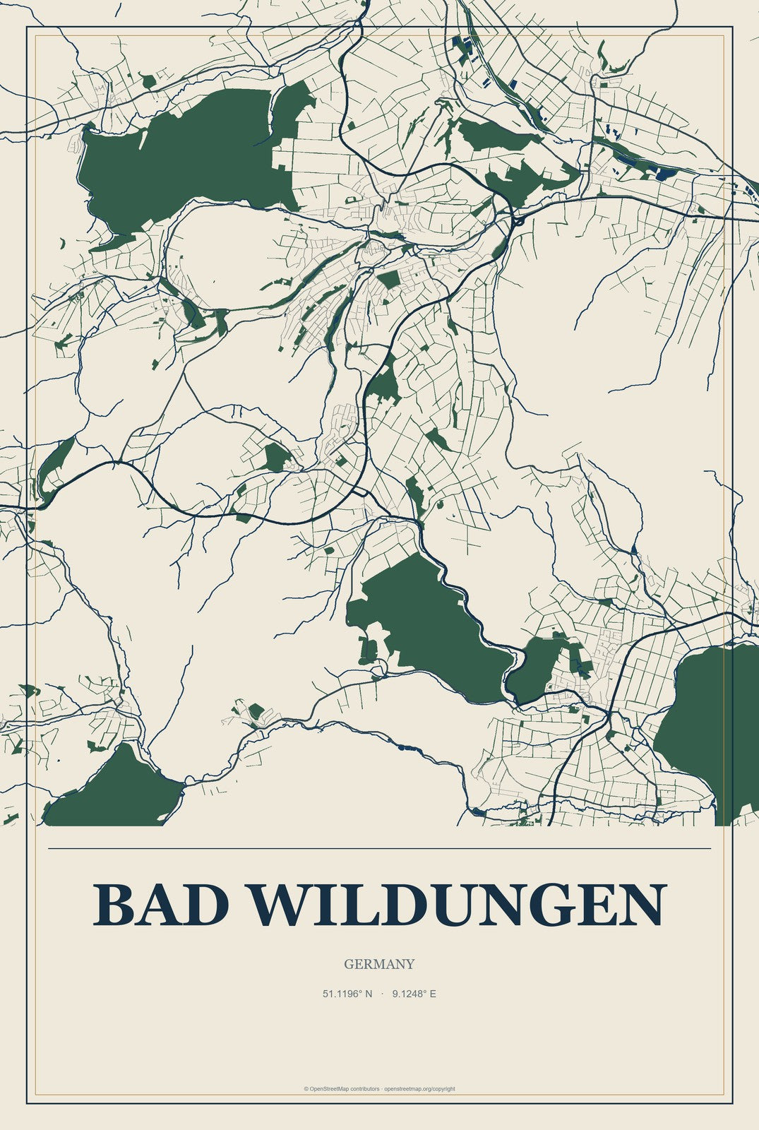 Bad Wildungen, Germany City Map Aluminum Sign in Coastal Cutout style