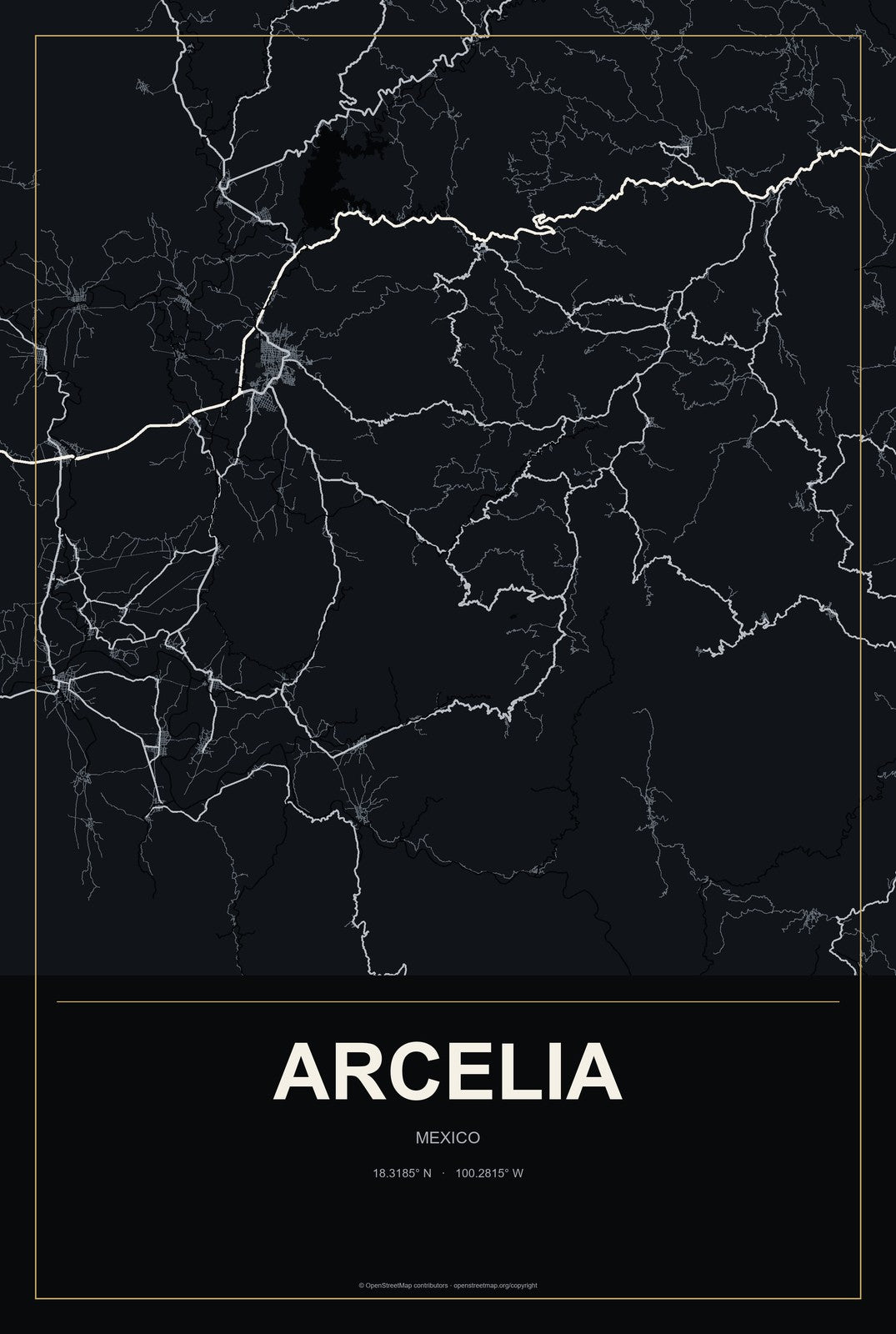 Arcelia, Mexico City Map Aluminum Sign in Metropolitan Noir style