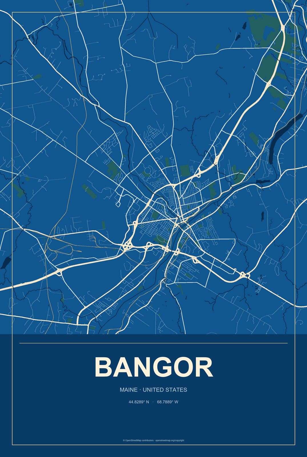 Bangor, Maine City Map Aluminum Sign in Harbor Cobalt style