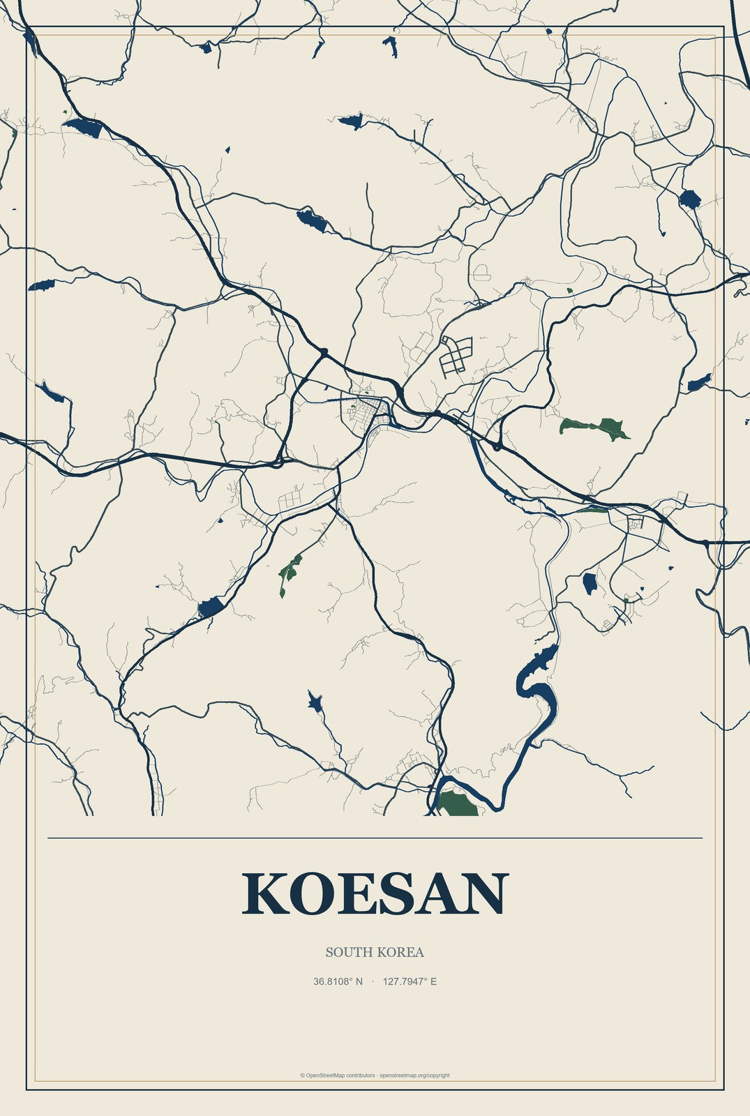 Koesan, South Korea City Map Aluminum Sign in Coastal Cutout style