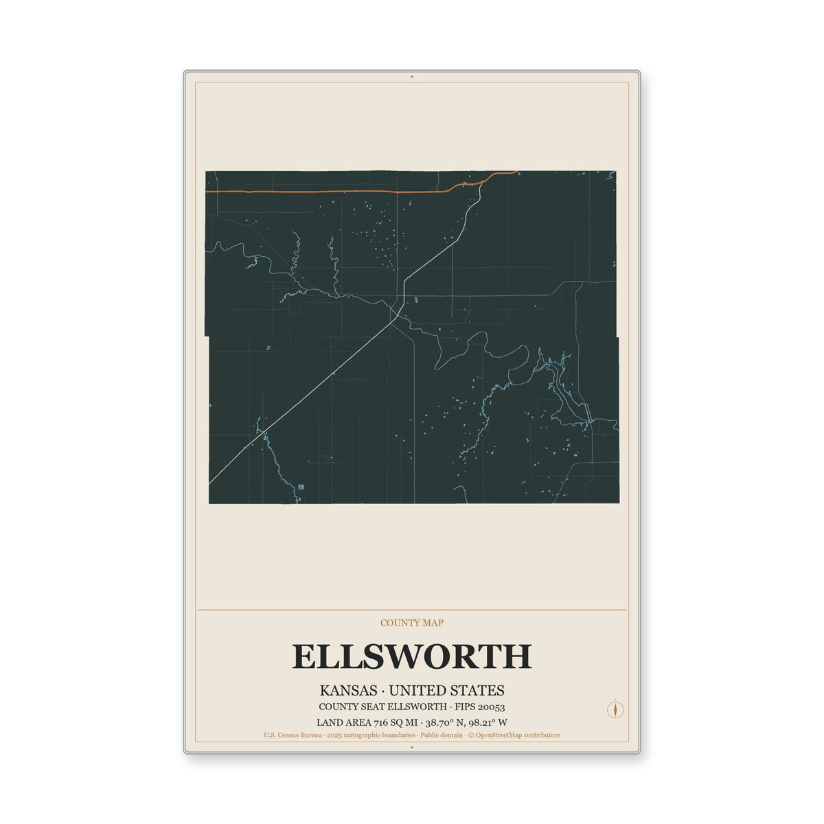 Ellsworth County, Kansas Map Aluminum Sign in Headline Atlas style