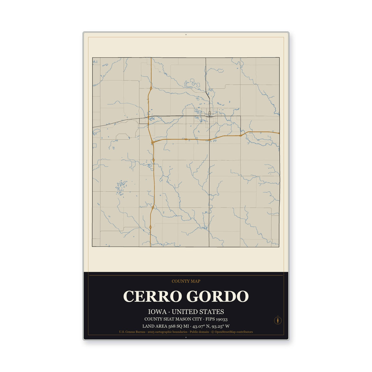 Cerro Gordo County, Iowa Map Aluminum Sign in Museum Plaque style